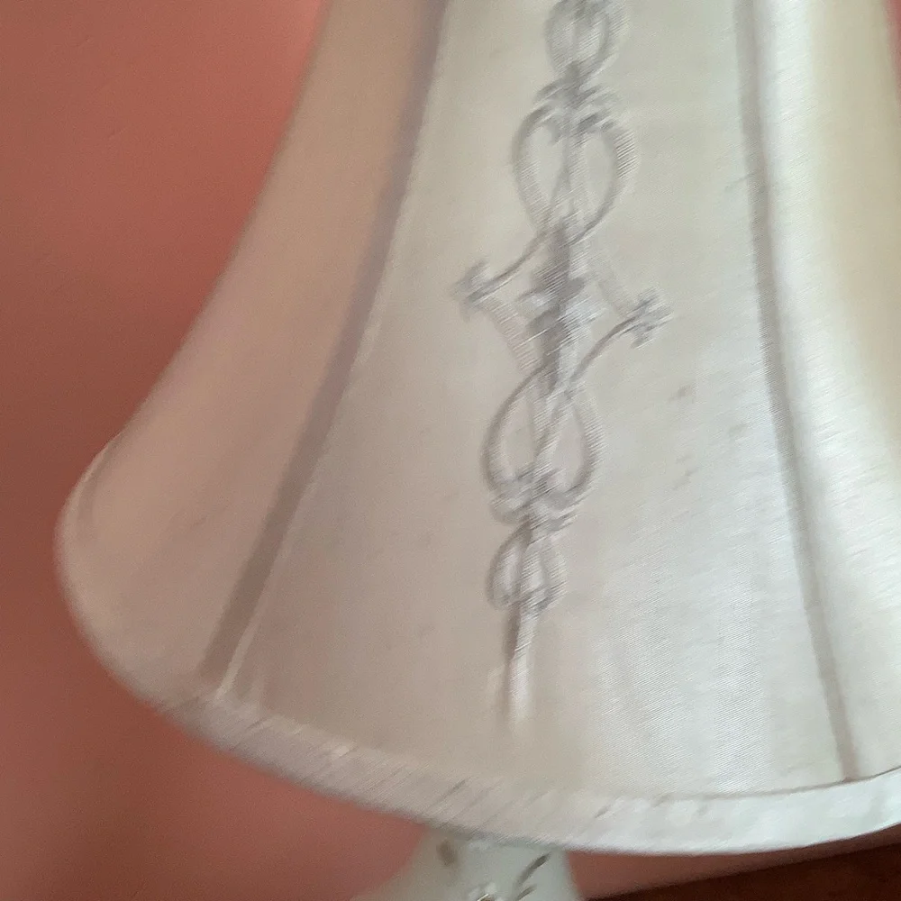 Vintage Bristol Milk Glass 25” Lamp Gold Floral Scrollwork, Modern Fabric Shade